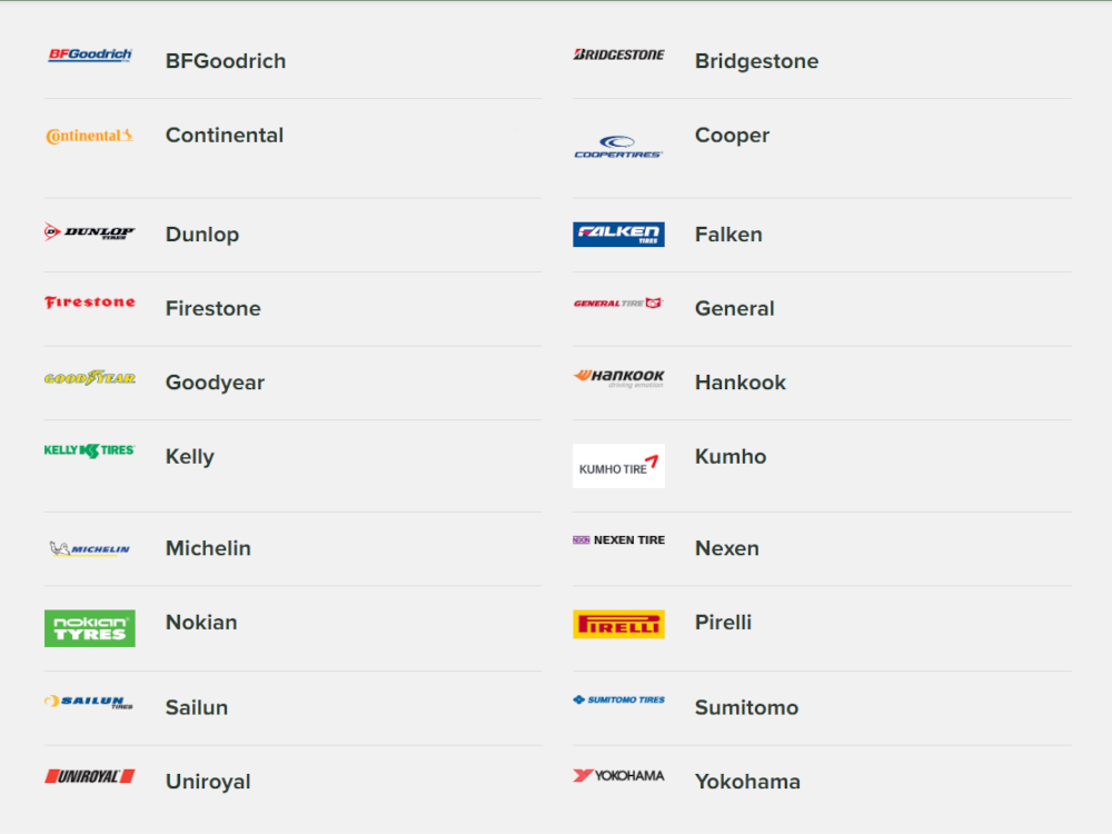 Graphic depicting logos of multiple tire brands.
